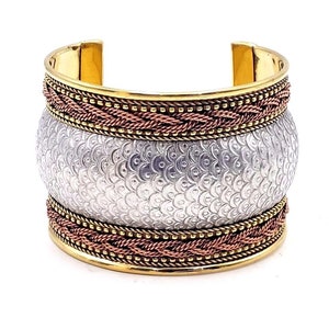 Egyptian Slave Brass Cuff Silver Wide Metal Ethnic Gauntlet Crinkle Bracelet