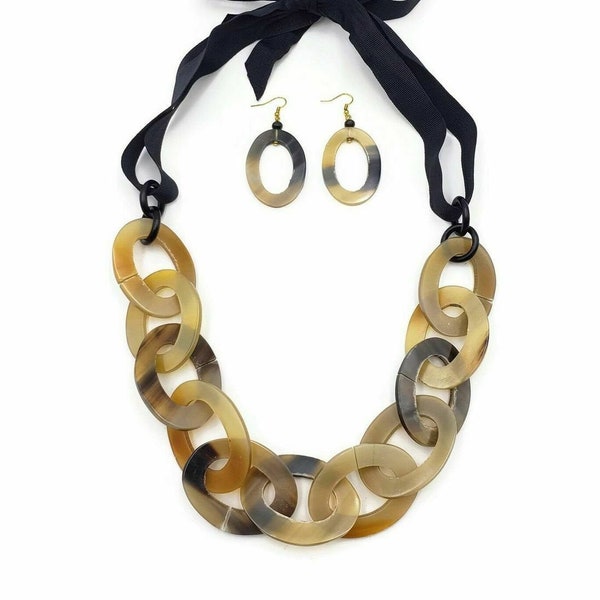 Buffalo Horn Necklace Chunky Chain Genuine Horn Natural Jewelry Set