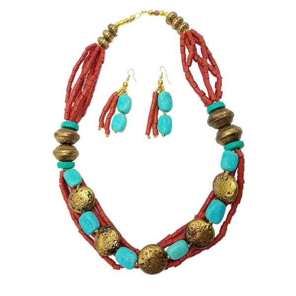 Tibetan Tribal Necklace Multi Strand Glass and Resin Beads Runway Statement Jewelry