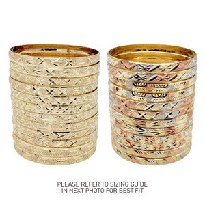 Set of 12 gold plated diamond cut bangles in gold, three tone and silver. These are available from sizes 1 to 8 and have intricate patterns using a diamond cutter.