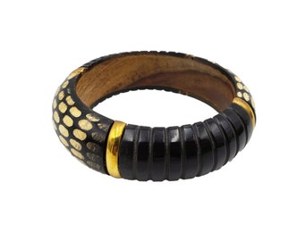 Animal Print Buffalo Horn and Wood Chunky Bangle with Brass Accents | Snake Print | Handmade Bangle