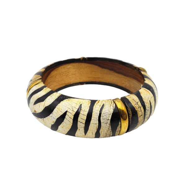 Animal Print Buffalo Horn and Wood Chunky Bangle with Brass Accents | Tiger Stripes | Handmade Bangle