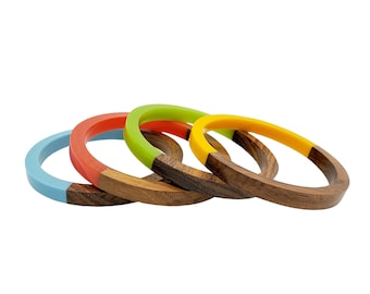 Wooden Lucite Bangle Sets - Vibrant Resin and Wooden Bangles - Set of 4