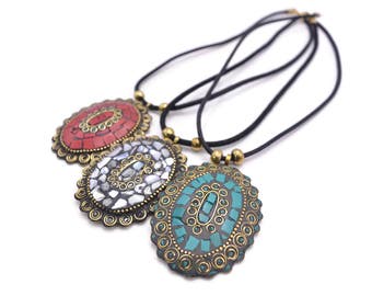 Tibetan Mosaic Pendant Necklace - Turquoise Stone and Coral Mosaic Shaving