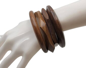 Chunky Wooden Bangle Set - Geometric Jewelry with 4 Unique Patterns