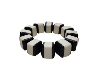 Lucite Bracelet Stretch Elastic Black White Square Beads Cookies and Cream Retro Layered Bracelet