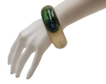 Vintage Lucite Resin Bangle Bracelet Peacock Feather Print