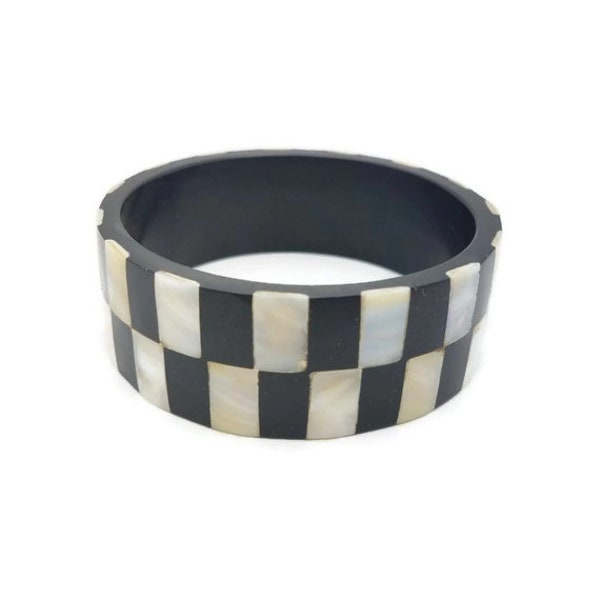 Lucite Bangle Mother of Pearl Checkered - Vibrant Resin and Shell Bangle