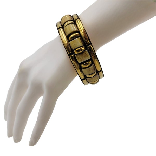 Vintage 1990 Collection Brass Inlay  Colored Bone Bangle Bracelet