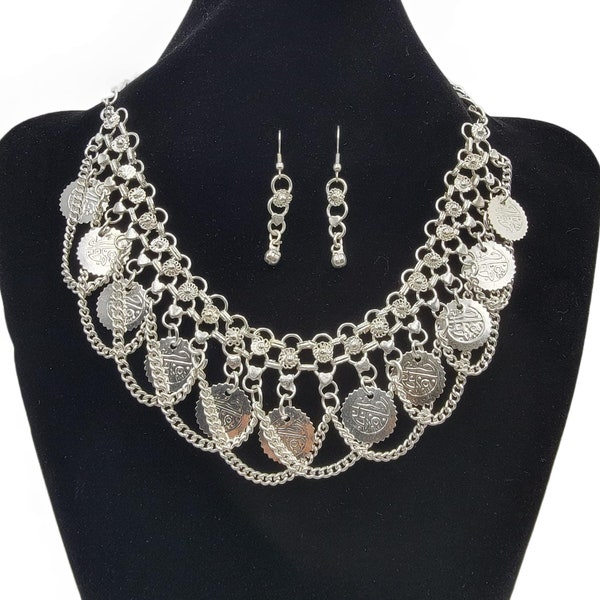 Silver Plated Coin Necklace and Earring Set for Belly Dance Performance