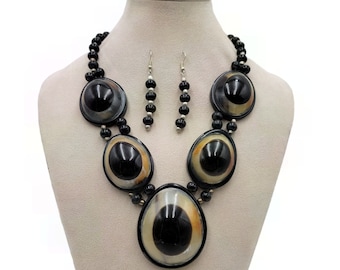 Natural Buffalo Horn Evil Eye Necklace Set - Handmade Eco-Friendly - NK6449A