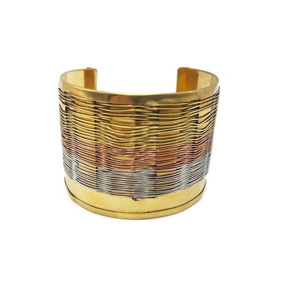 Egyptian Slave Brass Cuff Silver Wide Metal Ethnic Gauntlet Crinkle Bracelet