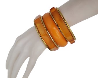 Chunky Resin and Brass Bangle Set - Colorful Lucite Design - Vibrant Statement Jewelry