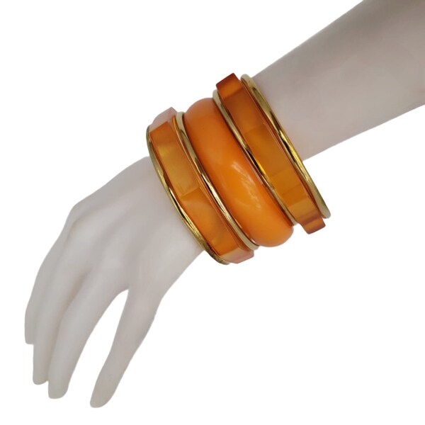 Chunky Resin and Brass Bangle Set - Colorful Lucite Design - Vibrant Statement Jewelry