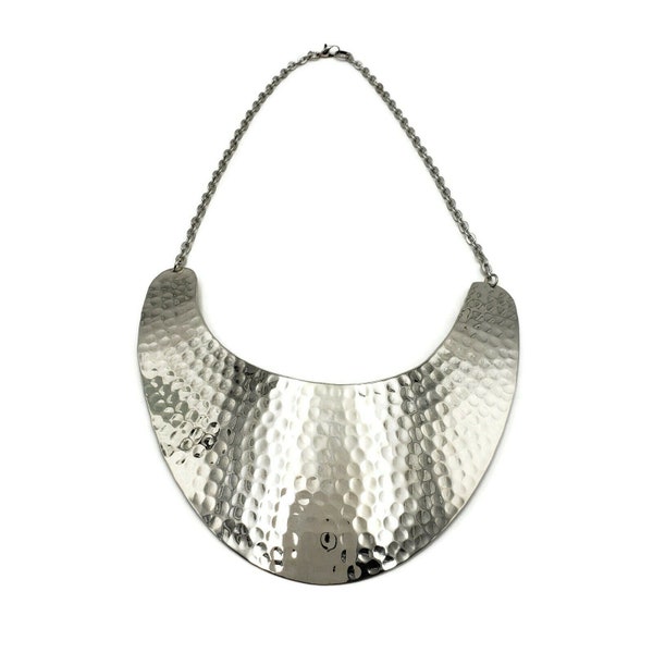 Brass Statement Necklace Bib Hammered Jewelry | Silver Tone