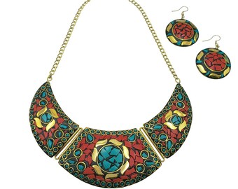 bib necklace online Mosaic Gold Plated Statement Necklace and Earrings Set