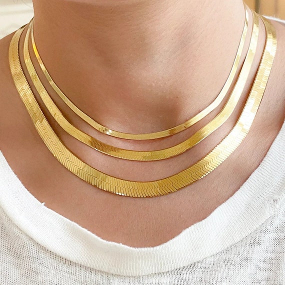 Rhinestone Herringbone Chain Layered Necklace and Earrings - Gold
