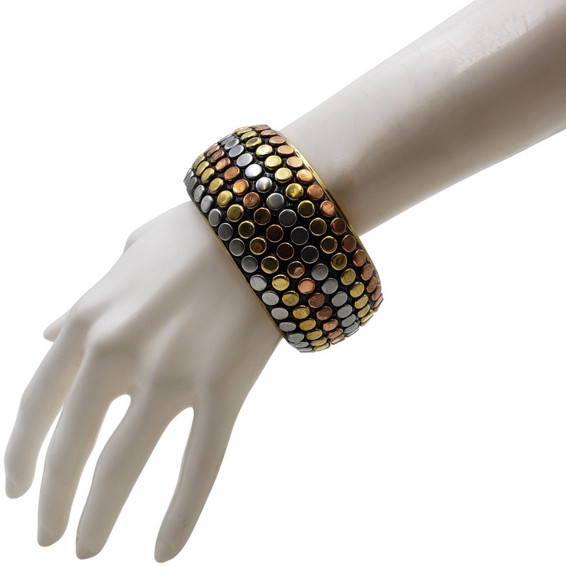 Chunky Brass Bangle Bracelet with Tricolor Studs