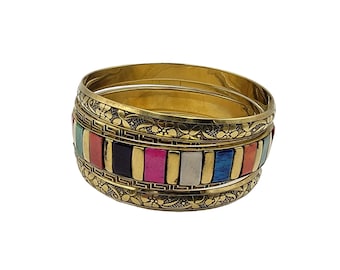 Gros bracelet jonc en laiton avec incrustation d'os multicolores - Bijoux tendance - Fait main