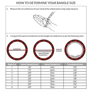 Size chart for the gold plated bangles from sizes 1 to 8 -if you have a bangle that currently fits you, please measure the internal diameter to determine your size and match with this chart.