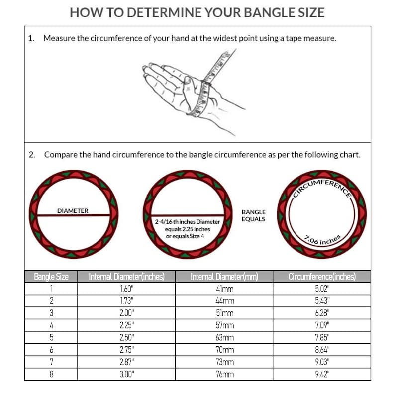 Size chart for the gold plated bangles from sizes 1 to 8 -if you have a bangle that currently fits you, please measure the internal diameter to determine your size and match with this chart.