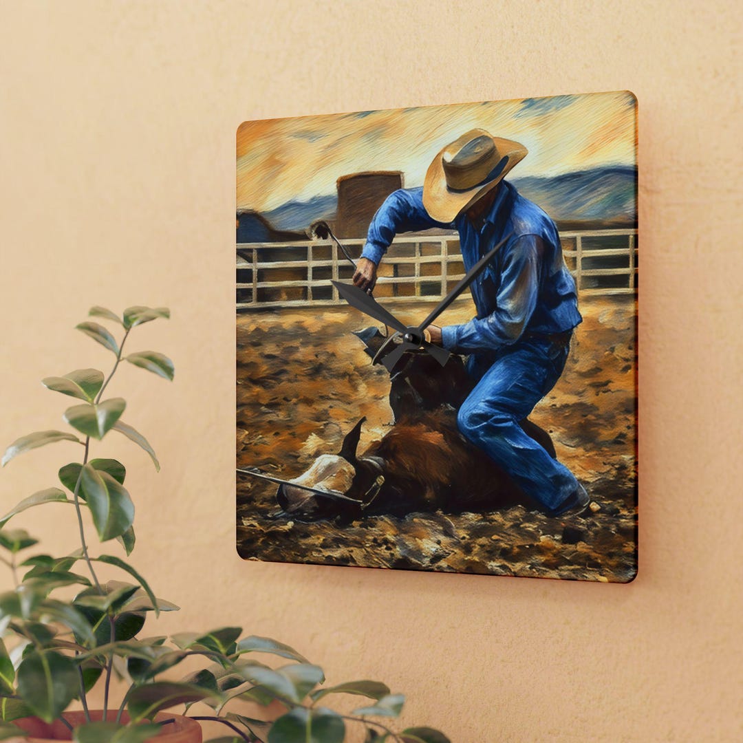 Team Roping Wall Clock Calf Roping Horse Cow Acrylic Wall Clock, Western Art, Rodeo Gift ...