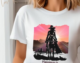 A felicidade é um bom cavalo e um céu claro! Camisa de cavalo unissex, camisa de rodeio, presente para proprietário de cavalo, camiseta de cavalo de vaqueira, camisa de show de cavalos