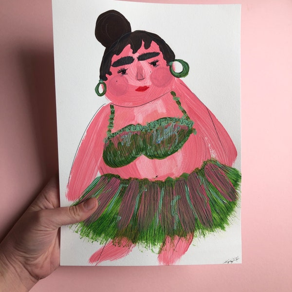 Fine Art Women’s Portrait - Summer Ready  Curves Bikini Body Positive Art ~ Original acrylic and ink on paper