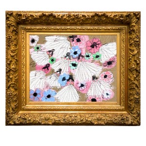 Pintura artística excepcional «Hadas de las flores» de Charlotte Ortegon: hadas de flores minimalistas y soñadoras, arte acrílico pastel sobre cartón.