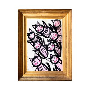 Dipinto a inchiostro di gatti rosa A4 - regalo per amanti dei gatti, inchiostro indiano, stile giapponese, gattini carini in bianco e nero