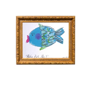 Peinture originale (POISSON BLEU N° 2) une nature morte de cuisine pastel à l'huile et acrylique sur carte texturée cadeau de pendaison de crémaillère d'art parfait pour une nouvelle maison