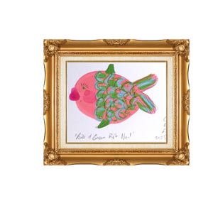 Pink & Green Fat Fish origineel schilderij van Charlotte Ortegon Rees ~ een keukenstilleven in oliepastel en acryl op kaart housewarmingcadeau