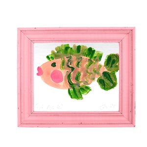 Grüner Fisch Original Gemälde (FISH NO 4) Küche Stillleben Ölpastell und Acryl auf Karte mit Textur