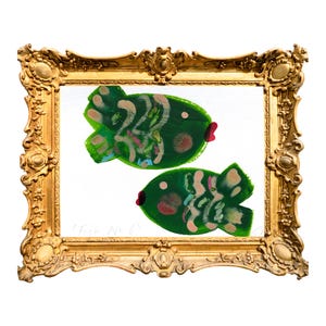 Marriage Green Fish origineel schilderij (FISH NO 6) keuken stilleven olieliefhebbers paren pastel acryl op getextureerde kaart-verjaardagscadeau