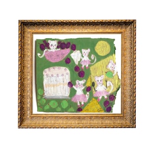 Pintura original "Ratones con tarta de queso" de Charlotte Rees ~ boceto de ratón al pastel al óleo ~ arte popular / sobre cartón, adorable y lindo animal presente