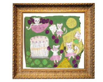 Original Painting ‘Mice with Cheese Cake’ by Charlotte Rees ~ oil pastel mouse sketch ~ folkart/   on cardboard lovely cute animal present