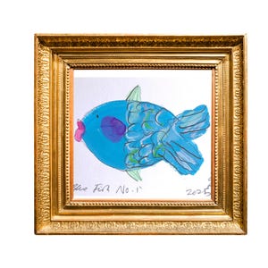 Peinture originale (POISSON BLEU N° 1) une nature morte de cuisine pastel à l'huile et acrylique sur carte texturée cadeau de pendaison de crémaillère d'art parfait pour une nouvelle maison