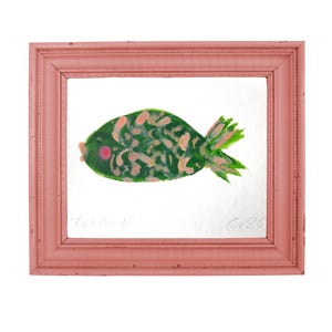 Origineel schilderij Green Fish (FISH NO 11) kustoliepastelkleuren en verf op structuurkaart