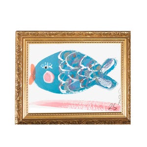 Pintura acrílica y pastel al óleo de un pez azul con naranja ~ peces en miniatura originales de forasteros, una obra de arte junto al mar en tarjeta A6