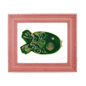 Grüner Fisch Original Gemälde (FISH NO 8) Küche Stillleben Ölpastell und Acryl auf Karte mit Textur
