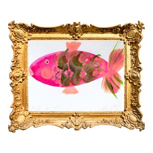 Rosa Fisch Original Gemälde (FISH NO 7) Küche Stilleben Ölpastell und Acryl auf Karte mit Textur