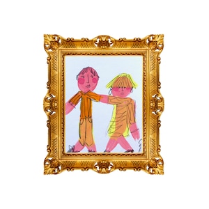 Naive Portrait &#39;Couple Waking in Orange&#39; a quirky lovers painting of man and wife for anniversary wedding gift - outsider art naive art