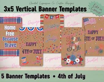 4th of July Vertical Banner Template | 3x5 | Editable on Canva |  Party Decor | DIGITAL DOWNLOAD | Resizable DIY holiday Banner