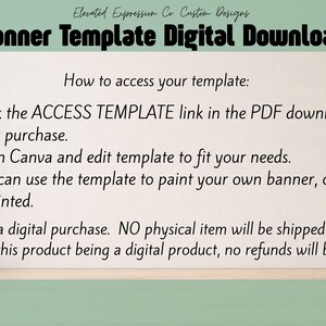 May include: A digital banner template download instruction graphic with a light green header and white background. Text includes Elevated Expression Co Custom Designs, Banner Template Digital Download, and instructions for accessing and editing the file.