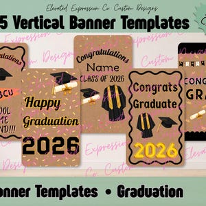 Puede incluir: Cinco plantillas de banners verticales con temas de graduación. Cada banner presenta un fondo marrón con confeti y un borde negro. El texto incluye "Felicitaciones", "Feliz Graduación 2026" y "¡Felicidades Graduado 2026!".