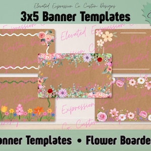 May include: Five rectangular 3x5 banner templates with floral designs on a kraft paper background. The templates feature various flower arrangements, including roses, daisies, and tulips, with text reading 3x5 Banner Templates and Edit in Canva.