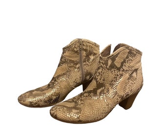 Vintage Italian Python-Embossed Gold Ankle Boots