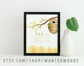 Gracious Kind  Words are a Honeycomb | Proverbs 16:24 | Bible Verse Encouragement Inspirational Digital Printable Wall Art for the Home