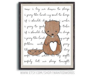 Now I Lay Me Down to Sleep Woodland Beaver Nursery Print Art Bedtime Boy Girl Goodnight Prayer Printable Wall Art