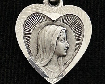 Antique French Virgin Mary Heart Medal with modern 20 inch sterling silver chain necklace Catholic Jewelry Immaculate Heart of Mary